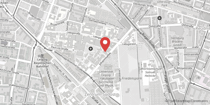 the map shows the following location: Rudolf Schönheimer Institute of Biochemistry, Johannisallee 30, 04103 Leipzig