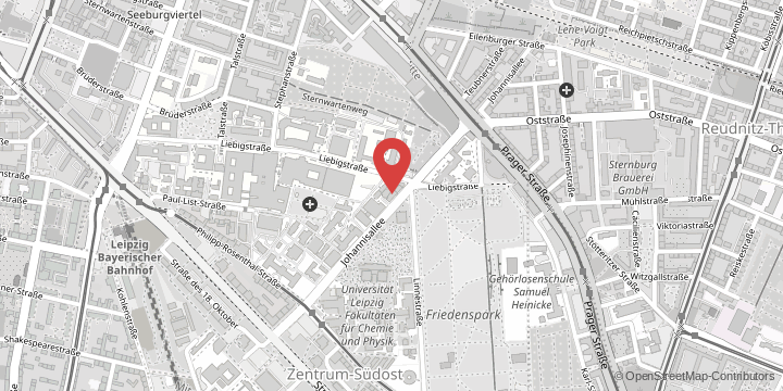 the map shows the following location: Institute of Forensic Medicine, Johannisallee 28, 04103 Leipzig