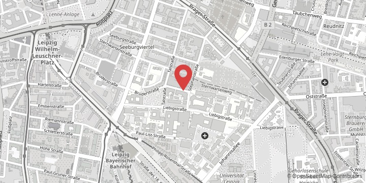 the map shows the following location: Institute of Biochemistry, Brüderstraße 34, 04103 Leipzig