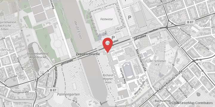 the map shows the following location: Institute of Movement and Training Science in Sports II, Jahnallee 59, 04109 Leipzig