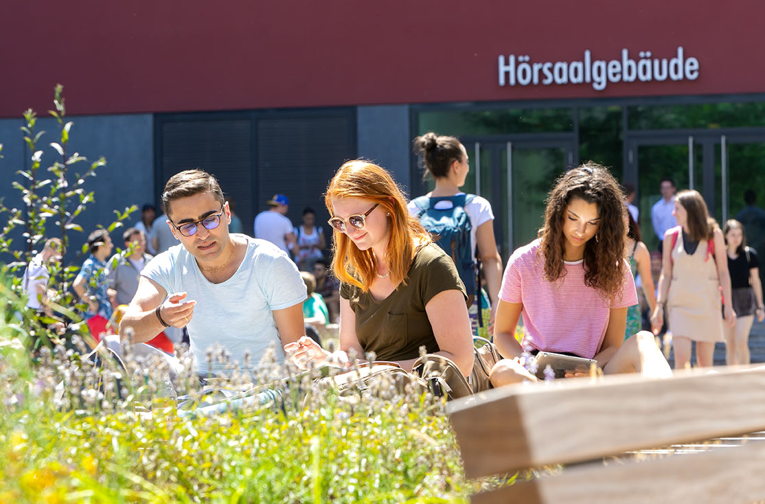 Junge Menschen sitzen im Innenhof des Campus Augustusplatz in der Sonne und sprechen miteinander oder lesen. Im Vordergrund sind noch die Grünpflanzen an den Bänken zu sehen.