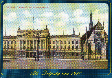 Augusteum und Universitätskirche auf einer kolorierten Postkarte von 1910