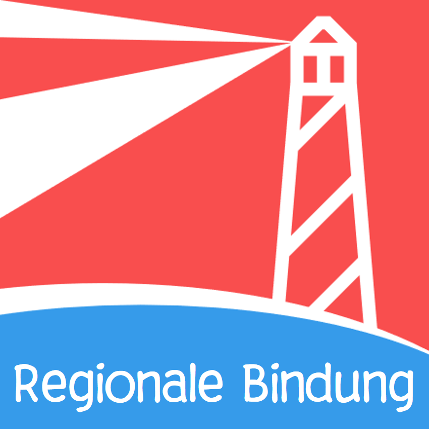 Zu sehen ist das in rot, weiß und blau gehaltene Logo von "Regionale Bindung", auf dem ein Leuchtturm abgebildet ist.